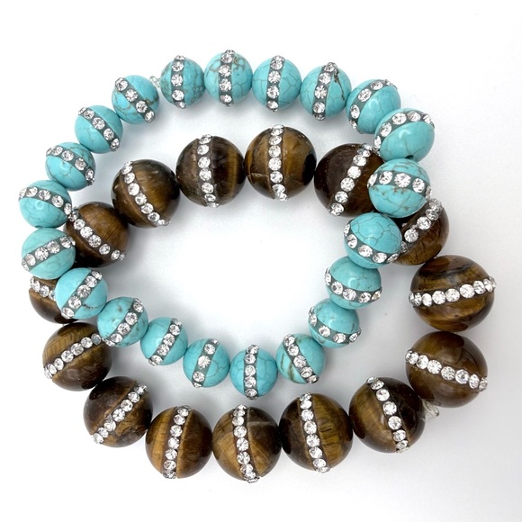 Jewelry - Turquoise Color & Tiger's Eye Bead Stretch Bracelets w/Banded Rhinestone Inlay